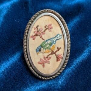 Vtg Needlepoint Embroided Brooch Flowers and Blue Bird